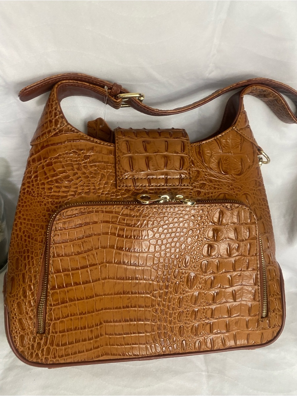 Classic Tan Crocodile-Embossed Shoulder Bag carrier